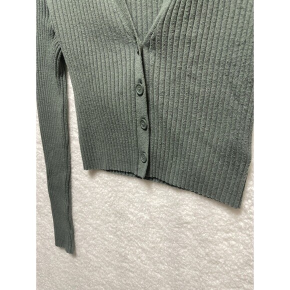 Aerie Ribbed Knit Button-Up Long Sleeve Crop Top SZ XS Minimalist Academia Green - Picture 4 of 8